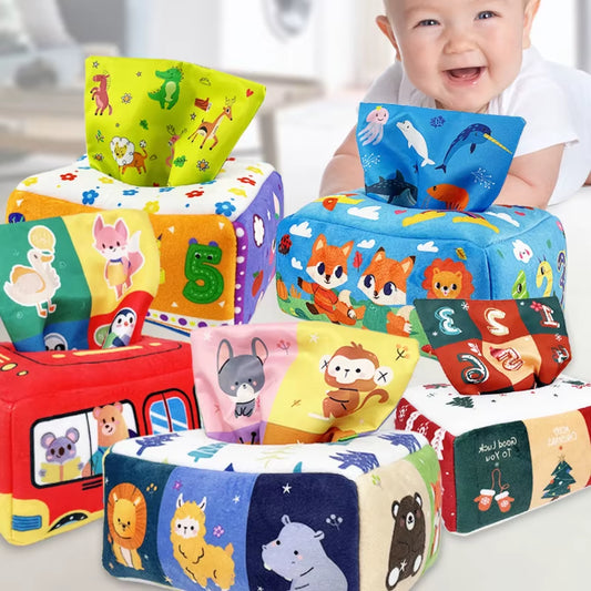 Baby Tissue Box Montessori Educational Toys Colorful Soft Sensory Toy for Toddler Finger Exercise Pumping Silk Scarf Gifts 0-18M