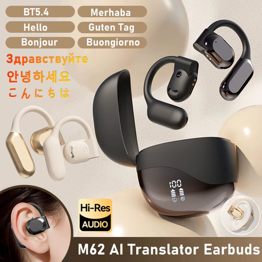 Real Time AI Translator Earbuds Bluetooth-Compatible 5.4 Translator Headset Noise Cancelling Translation Ear Hook for Business