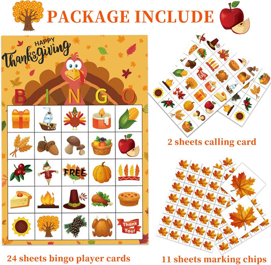 Thanksgiving Bingo Game - 24 Player Cards, Family & Toddler Friendly, Classroom Party Activities