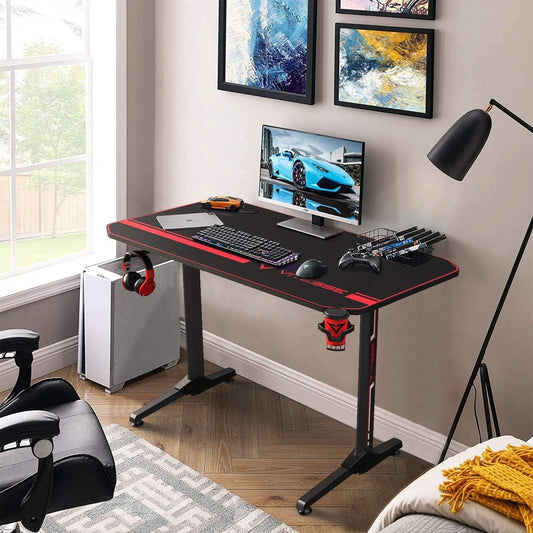 Ergonomic Gaming Desk, T-Shaped Office PC Computer Desk with Full Desk Mouse Pad, Gamer Tables Pro with Gaming Handle Rack, Stand Cup Holder&Headphone Hook (Carbon Fiber Black, 40 Inch)