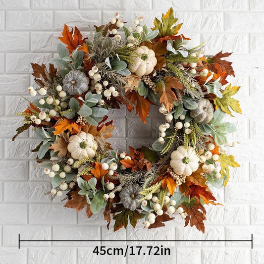 18" Fall Wreath Fall Decorations for Front Door with Pumpkins Berry Artificial Maples Leaves Wreath Autumns Harvest Fall Thanksgivings Decoration Indoor Outdoor