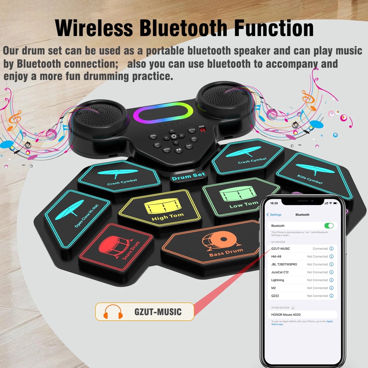 Electronic Drum Set for Kids Adults,9 Pads Portable MIDI Roll-Up Drum Kit with Dual Speakers / Headset Jack / Drumsticks / Foot Pedals,For Beginners
