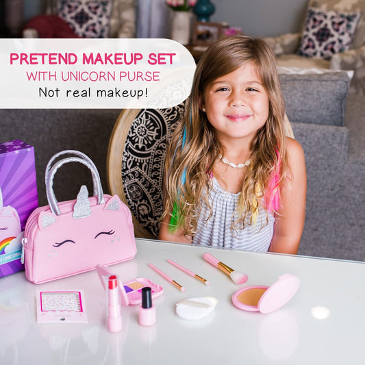 Pretend Play Makeup Kit for Little Girls with Unicorn Purse: Fake (Not Real) Make up Toy Set for Toddlers and Kids - Includes Hair and Nails Accessories, Baby Toys Gift
