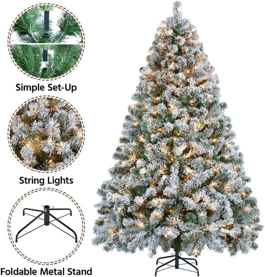 6Ft Pre-Lit Artificial Christmas Tree with Incandescent Warm White Lights, Snow Flocked Full Prelighted Xmas Tree W/820 Branch Tips, 250 Incandescent Lights & Foldable Stand, Green & White