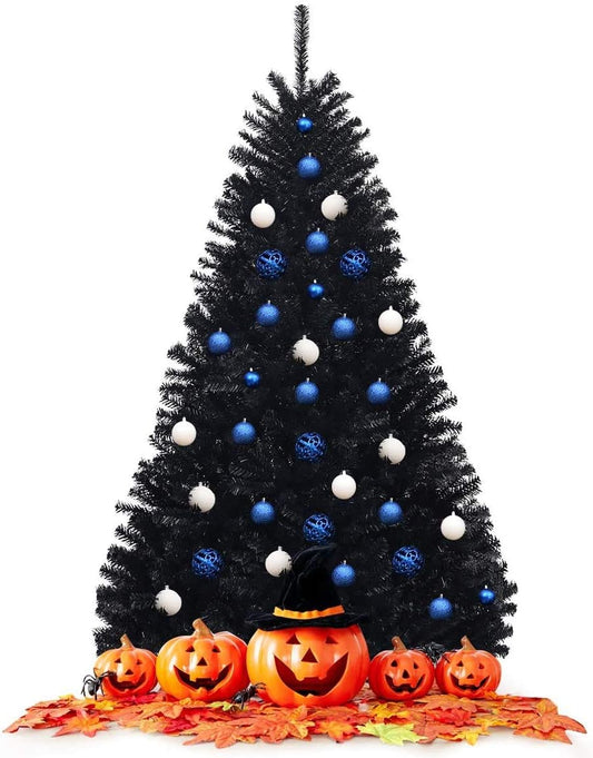 7.5Ft Unlit Black Christmas Tree, Artificial Halloween Tree with 1258 Branch Tips, Metal Stand, Xmas Full Tree for Indoor Holiday Carnival Party