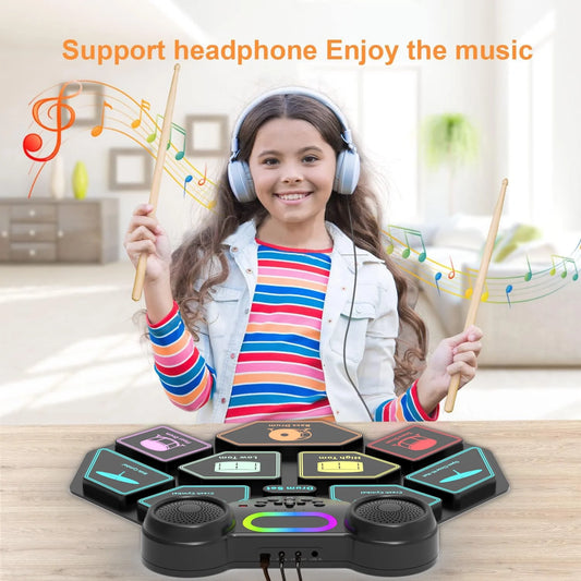 Electronic Drum Set for Kids Adults,9 Pads Portable MIDI Roll-Up Drum Kit with Dual Speakers / Headset Jack / Drumsticks / Foot Pedals,For Beginners