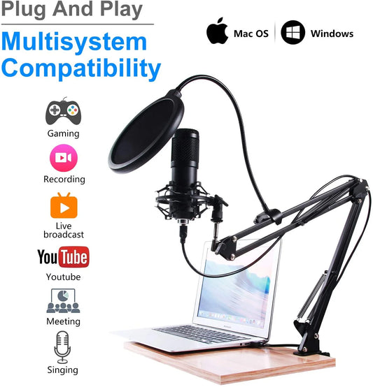 USB Streaming Podcast Microphone Kit,Professional 192Khz/24Bit Studio Cardioid Condenser Computer PC Mic Kit with Scissor Arm Shock Mount Stand Pop Filter for Music Recording,Youtube