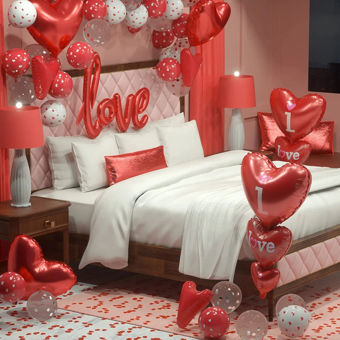 Valentine'S Day Balloons Kit - I Love You Balloons, White Red Heart Balloons, Balloon Pump & Rose Petals for Valentines Day Anniversary Wedding Engagement Decorations Special Night Gift