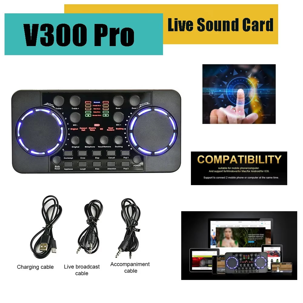 V300 Pro Sound Card Bluetooth-Compatible Audio Interface Mixer DJ Digital Effect Noise Reduction Console USB Record for Singing