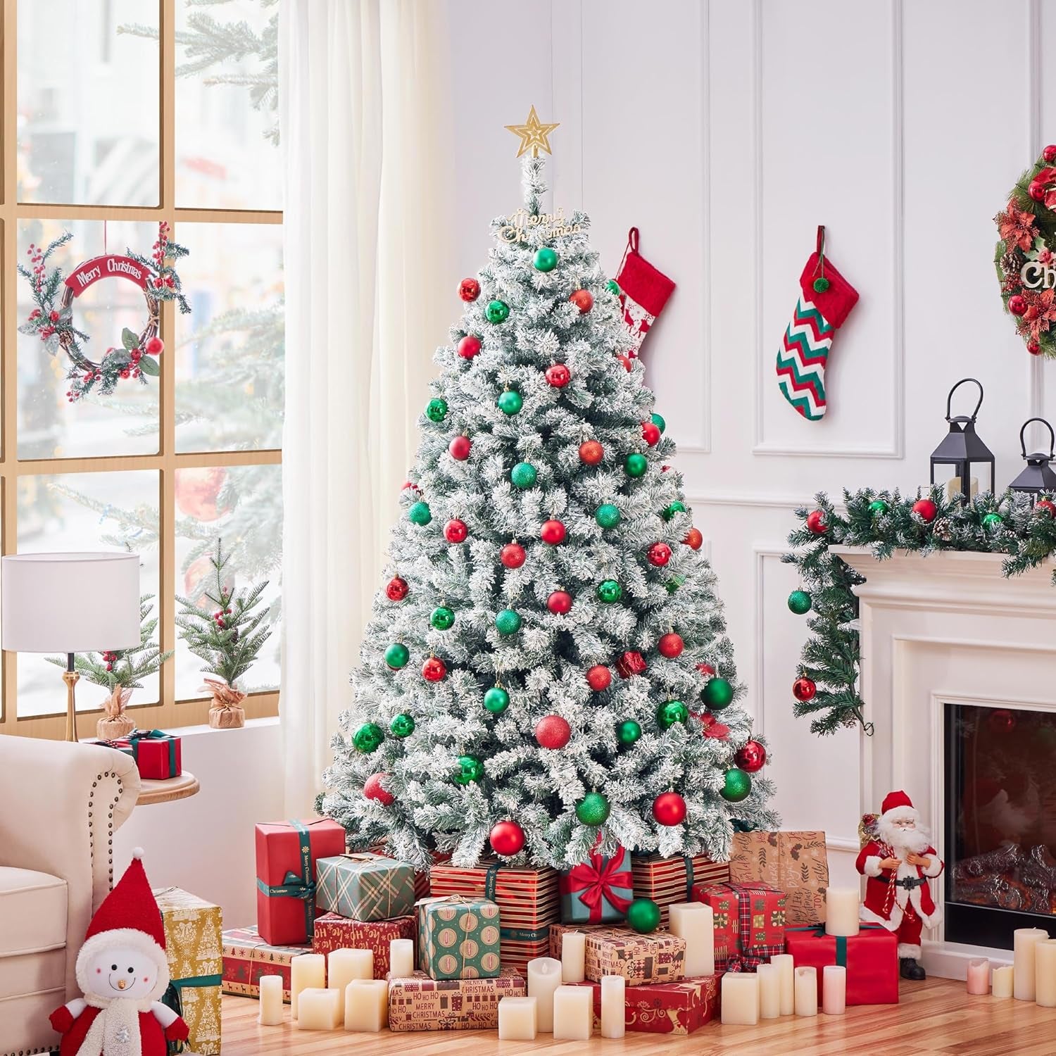 6Ft Pre-Lit Artificial Christmas Tree with Incandescent Warm White Lights, Snow Flocked Full Prelighted Xmas Tree W/820 Branch Tips, 250 Incandescent Lights & Foldable Stand, Green & White