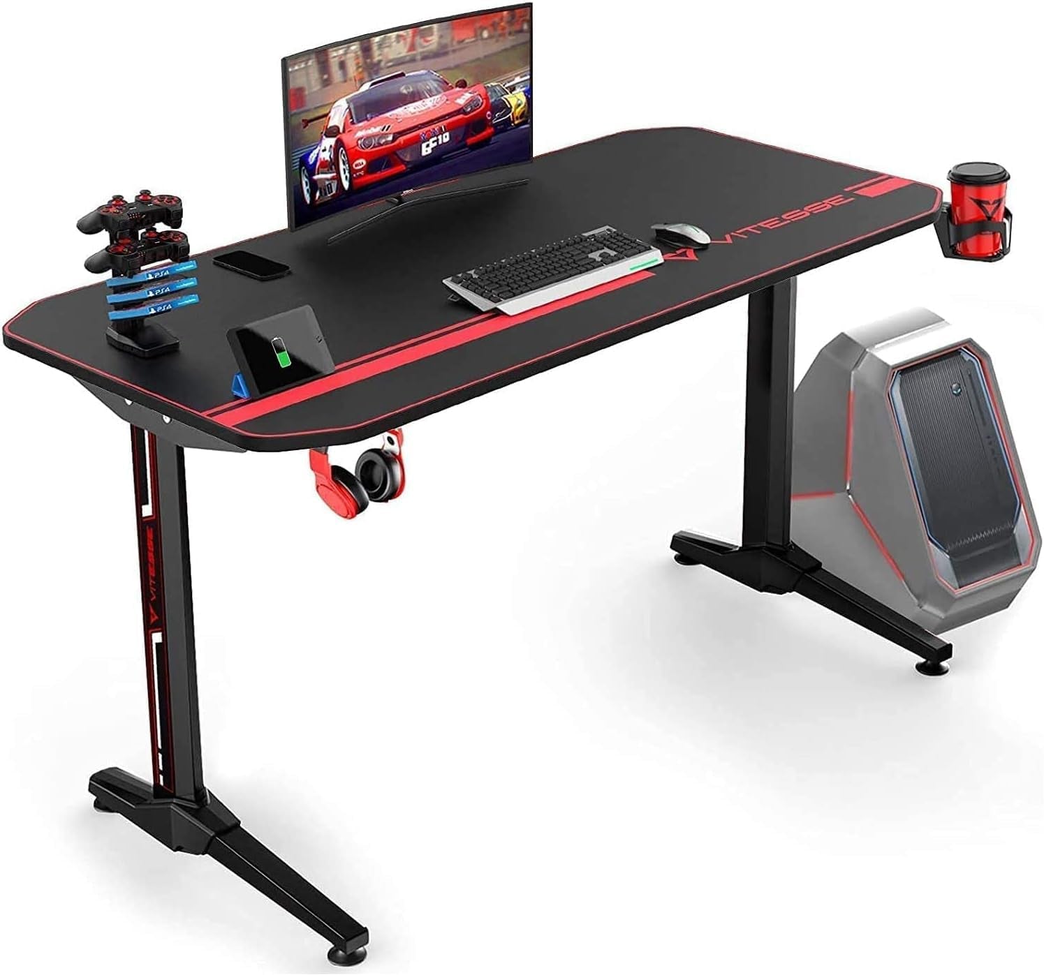 Ergonomic Gaming Desk, T-Shaped Office PC Computer Desk with Full Desk Mouse Pad, Gamer Tables Pro with Gaming Handle Rack, Stand Cup Holder&Headphone Hook (Carbon Fiber Black, 40 Inch)