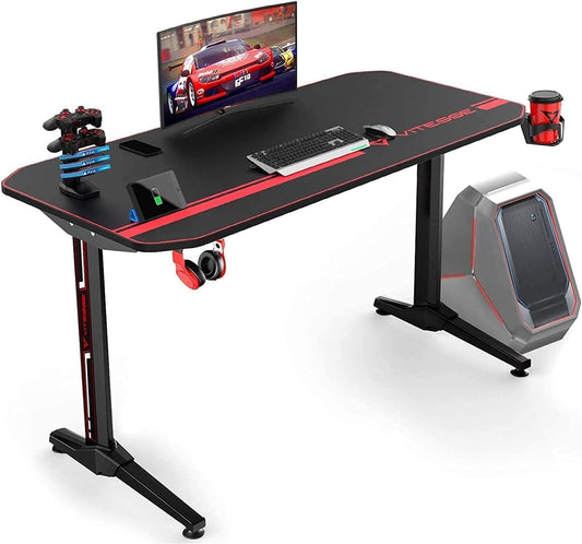 Ergonomic Gaming Desk, T-Shaped Office PC Computer Desk with Full Desk Mouse Pad, Gamer Tables Pro with Gaming Handle Rack, Stand Cup Holder&Headphone Hook (Carbon Fiber Black, 40 Inch)