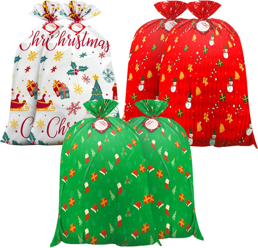 Large Christmas Gift Bags, 36" X 44" Large Christmas Bags, Jumbo Christmas Gift Bags, Extra Large Christmas Gift Bags with Name Tag Card and String (6 PCS)