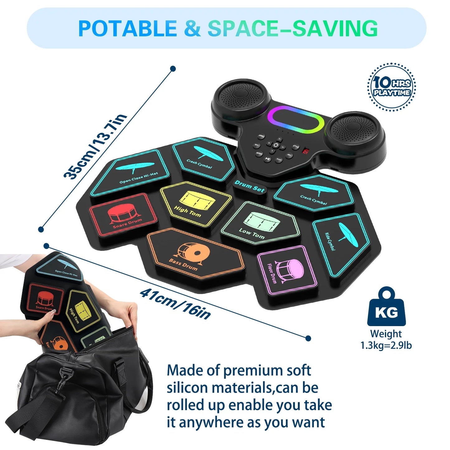 Electronic Drum Set for Kids Adults,9 Pads Portable MIDI Roll-Up Drum Kit with Dual Speakers / Headset Jack / Drumsticks / Foot Pedals,For Beginners