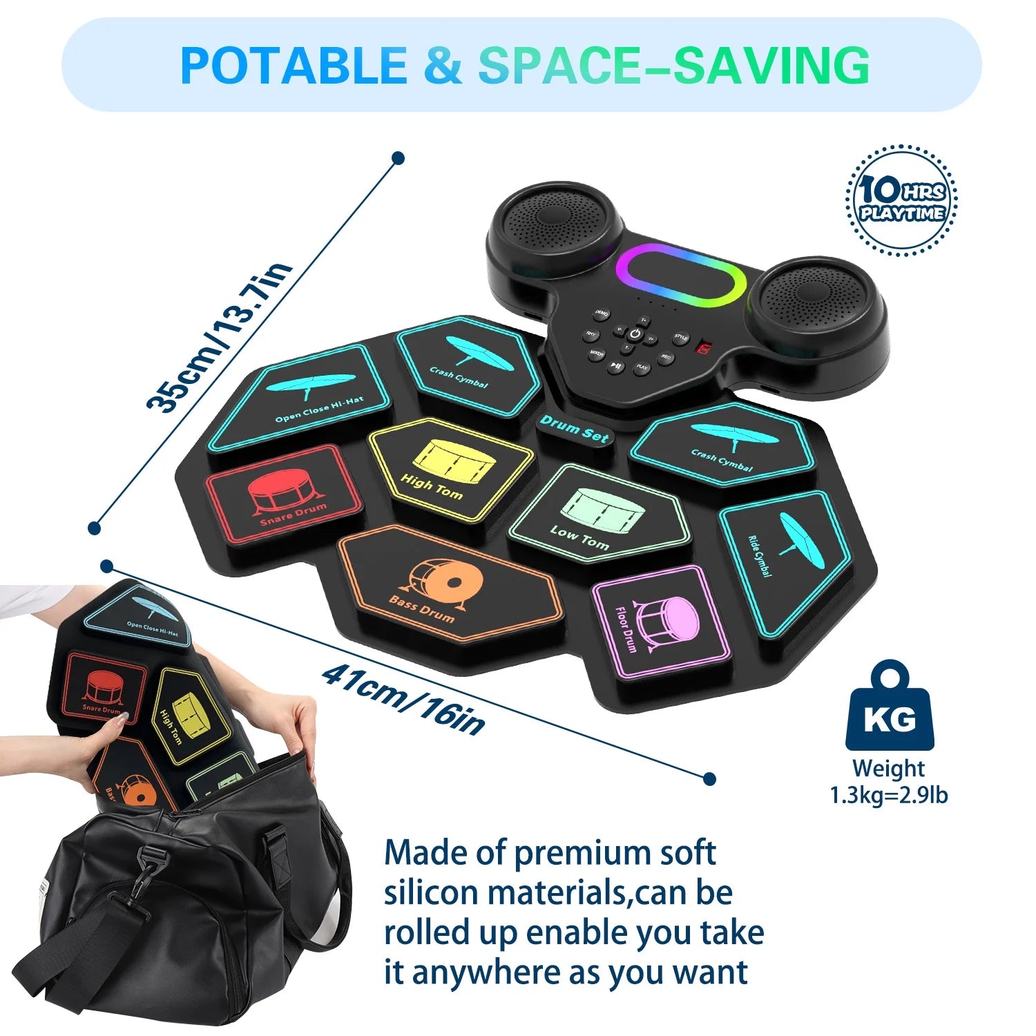 Electronic Drum Set for Kids Adults,9 Pads Portable MIDI Roll-Up Drum Kit with Dual Speakers / Headset Jack / Drumsticks / Foot Pedals,For Beginners