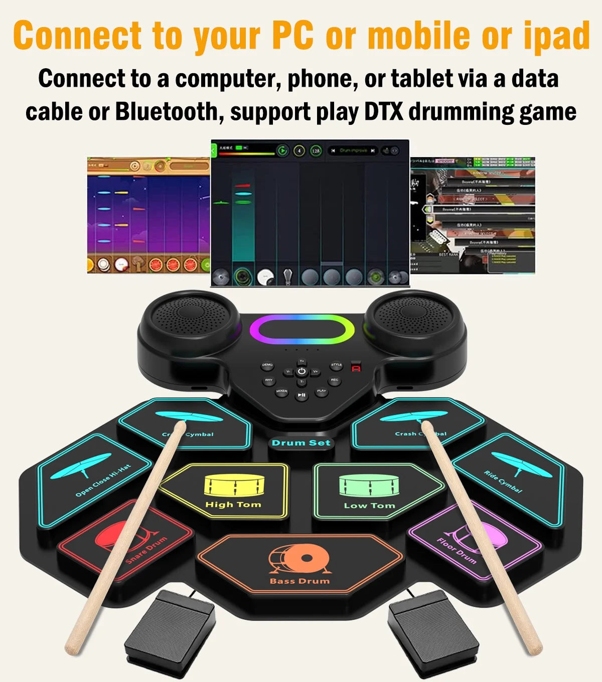 Electronic Drum Set for Kids Adults,9 Pads Portable MIDI Roll-Up Drum Kit with Dual Speakers / Headset Jack / Drumsticks / Foot Pedals,For Beginners