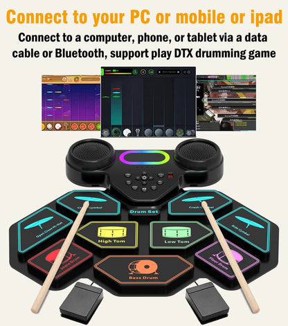 Electronic Drum Set for Kids Adults,9 Pads Portable MIDI Roll-Up Drum Kit with Dual Speakers / Headset Jack / Drumsticks / Foot Pedals,For Beginners