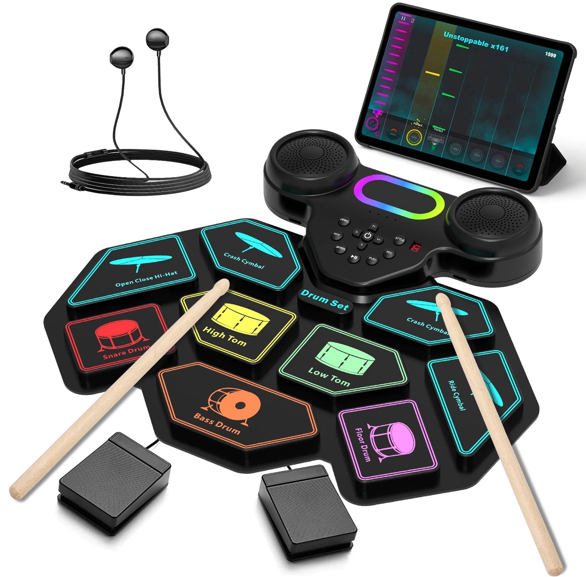 Electronic Drum Set for Kids Adults,9 Pads Portable MIDI Roll-Up Drum Kit with Dual Speakers / Headset Jack / Drumsticks / Foot Pedals,For Beginners