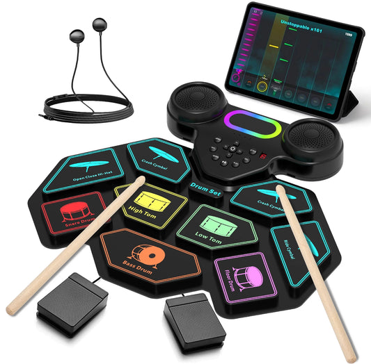 Electronic Drum Set for Kids Adults,9 Pads Portable MIDI Roll-Up Drum Kit with Dual Speakers / Headset Jack / Drumsticks / Foot Pedals,For Beginners