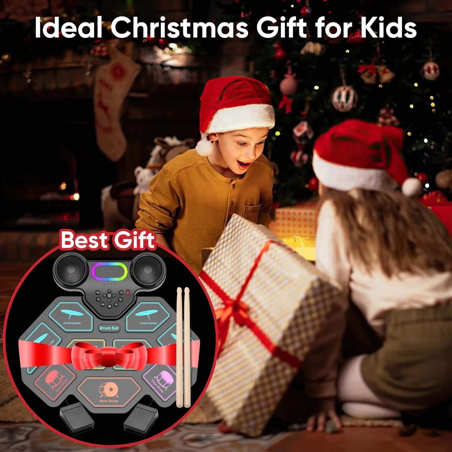 Electronic Drum Set for Kids Adults,9 Pads Portable MIDI Roll-Up Drum Kit with Dual Speakers / Headset Jack / Drumsticks / Foot Pedals,For Beginners