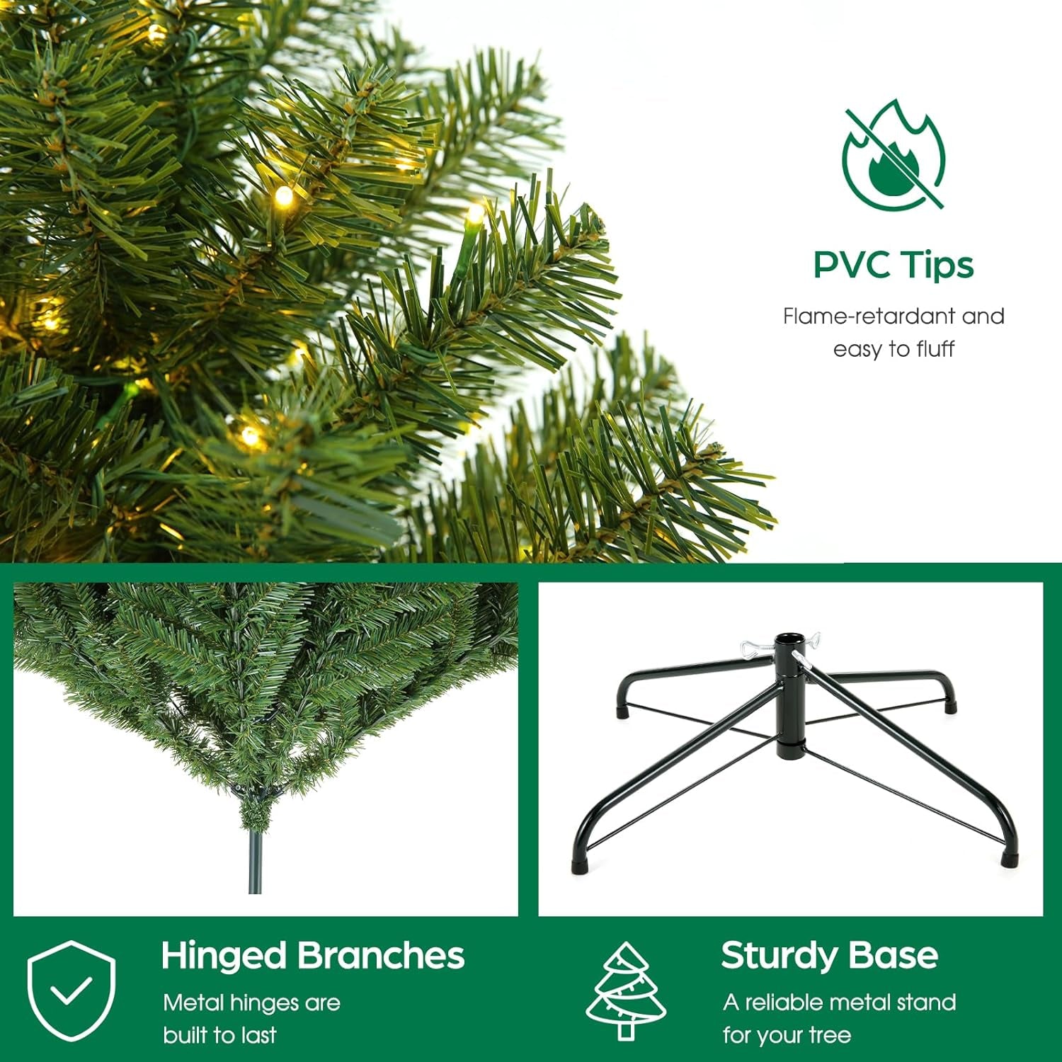 6 FT Green Spruce Pre-Lit Artificial Christmas Tree with White Lights, 6Ft Holiday Tree 956 PVC Full Branches, 300 Lights,