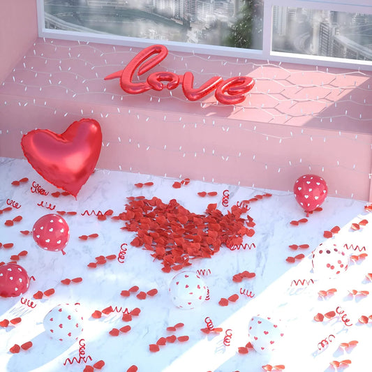 Valentine'S Day Balloons Kit - I Love You Balloons, White Red Heart Balloons, Balloon Pump & Rose Petals for Valentines Day Anniversary Wedding Engagement Decorations Special Night Gift