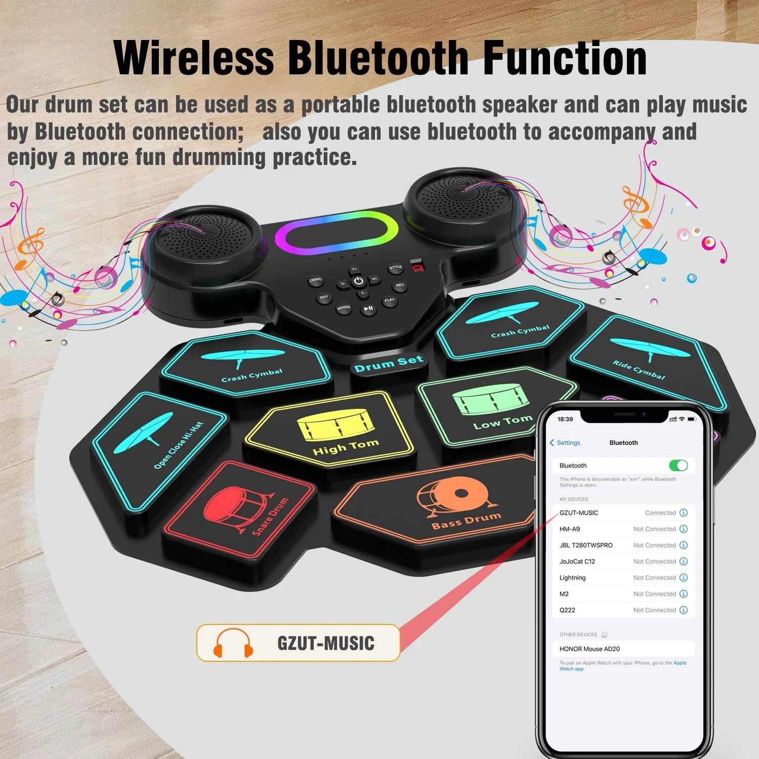 Electronic Drum Set for Kids Adults,9 Pads Portable MIDI Roll-Up Drum Kit with Dual Speakers / Headset Jack / Drumsticks / Foot Pedals,For Beginners