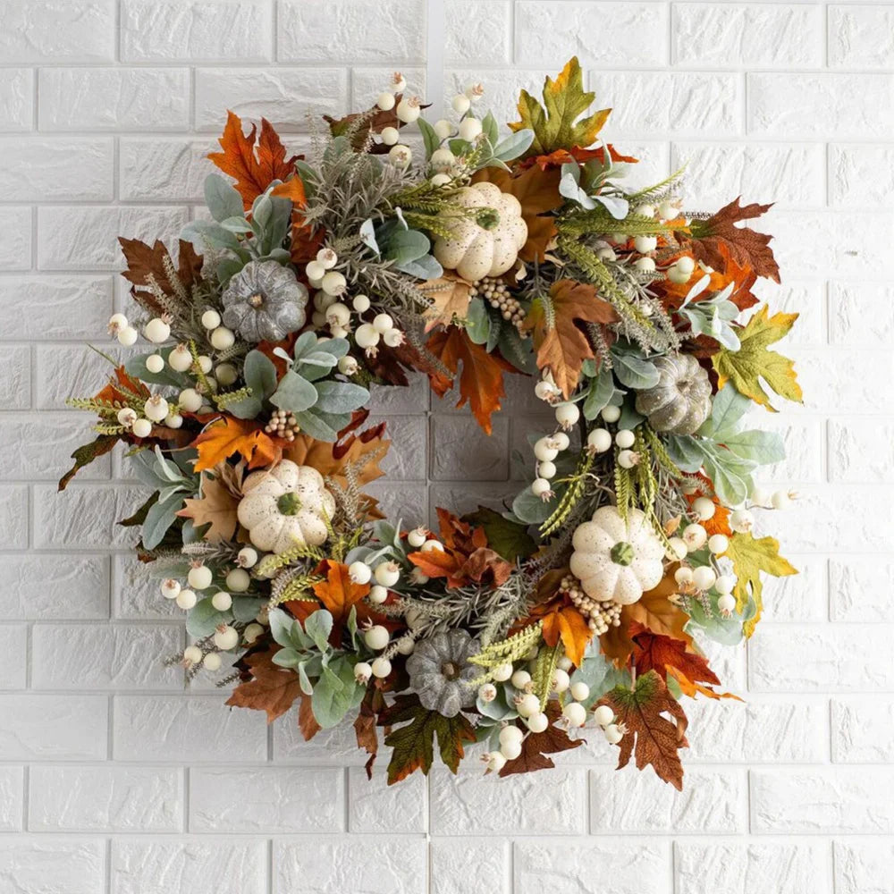 18" Fall Wreath Fall Decorations for Front Door with Pumpkins Berry Artificial Maples Leaves Wreath Autumns Harvest Fall Thanksgivings Decoration Indoor Outdoor