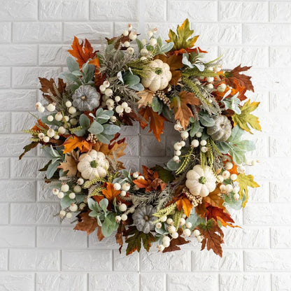 18" Fall Wreath Fall Decorations for Front Door with Pumpkins Berry Artificial Maples Leaves Wreath Autumns Harvest Fall Thanksgivings Decoration Indoor Outdoor