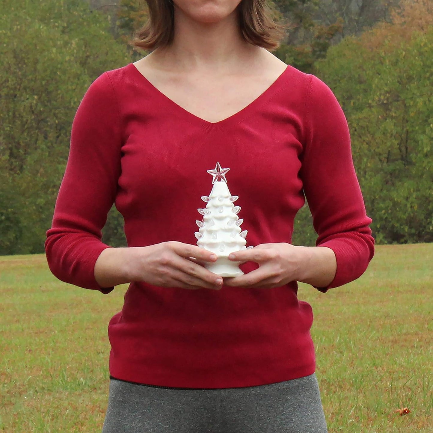 Ceramic Christmas Tree with Lights - Vintage White (Small, 6.75 Inch)