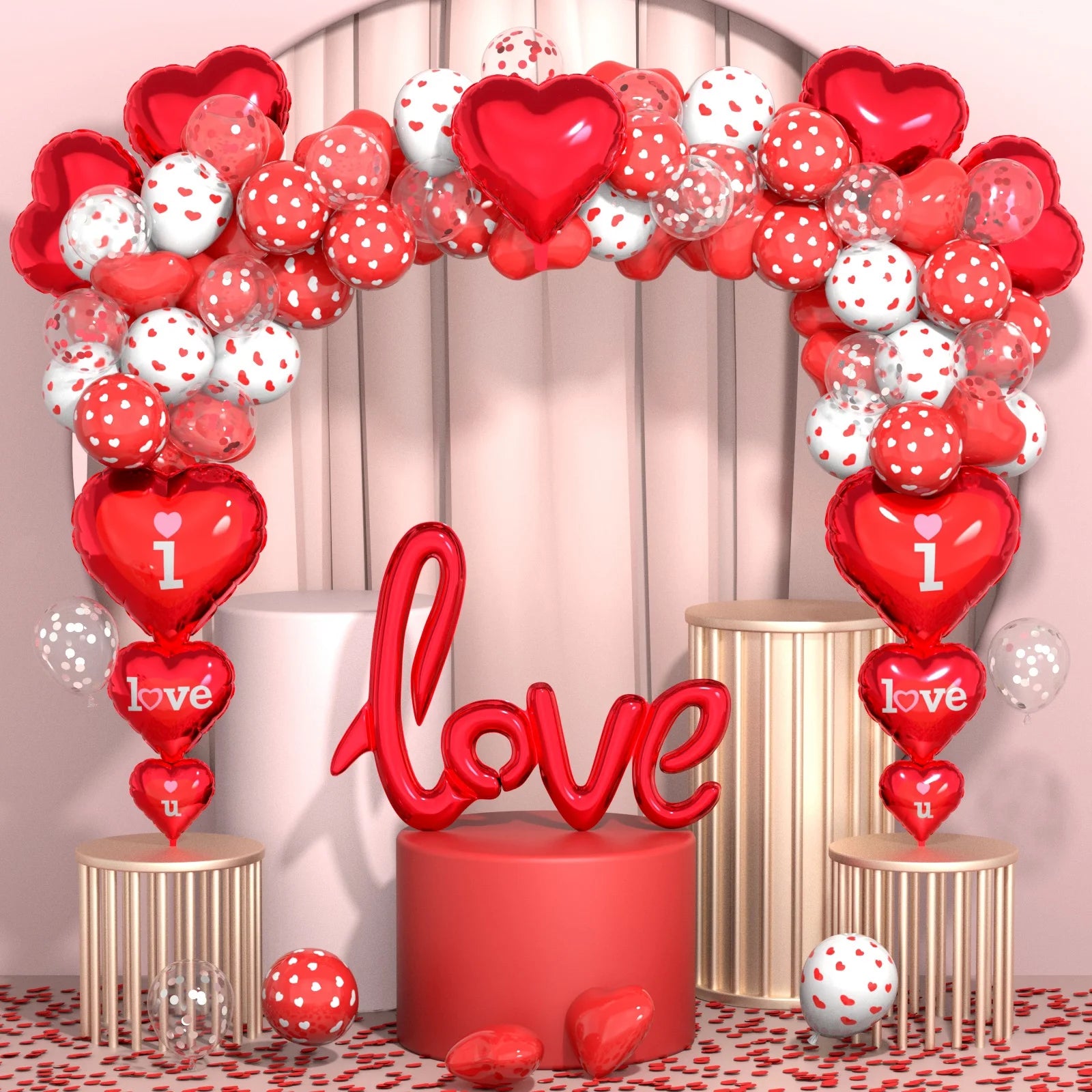 Valentine'S Day Balloons Kit - I Love You Balloons, White Red Heart Balloons, Balloon Pump & Rose Petals for Valentines Day Anniversary Wedding Engagement Decorations Special Night Gift