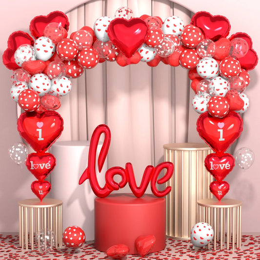 Valentine'S Day Balloons Kit - I Love You Balloons, White Red Heart Balloons, Balloon Pump & Rose Petals for Valentines Day Anniversary Wedding Engagement Decorations Special Night Gift