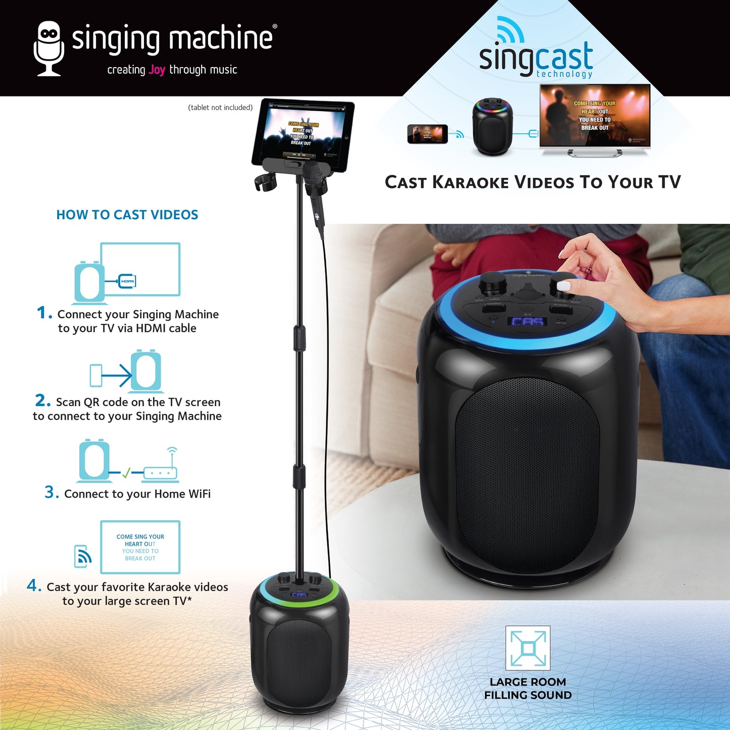 Singing Machine Sing Cast Max Stand-Alone Karaoke Machine, Stand, & LED Lights, Black, SMC2035