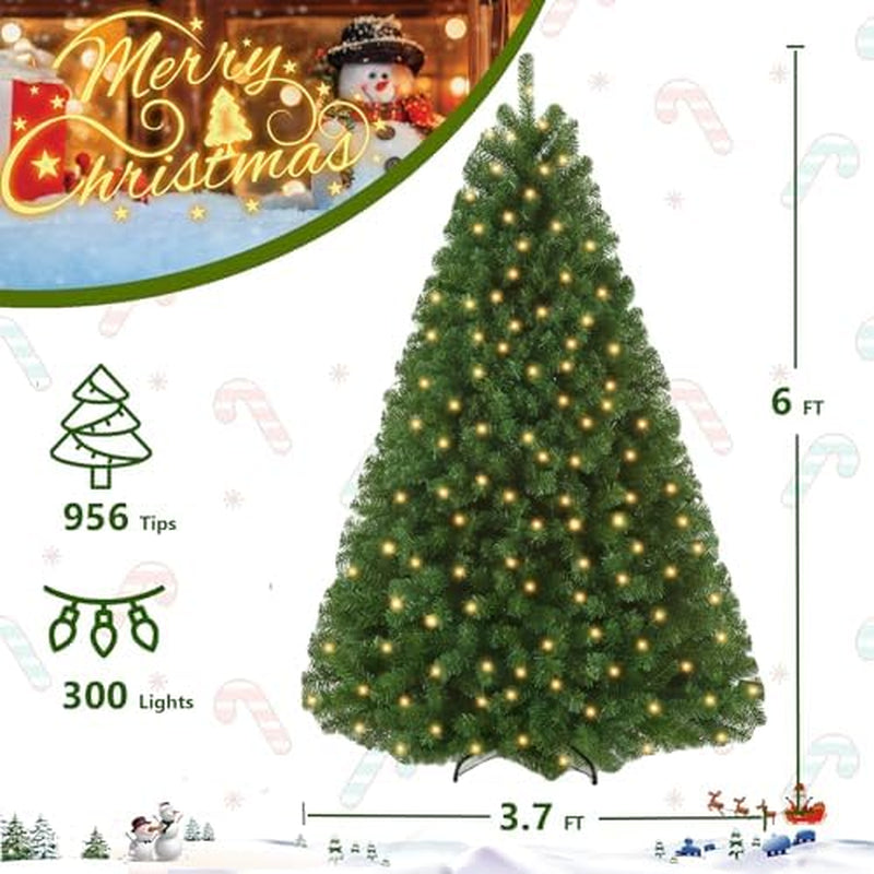6 FT Green Spruce Pre-Lit Artificial Christmas Tree with White Lights, 6Ft Holiday Tree 956 PVC Full Branches, 300 Lights,