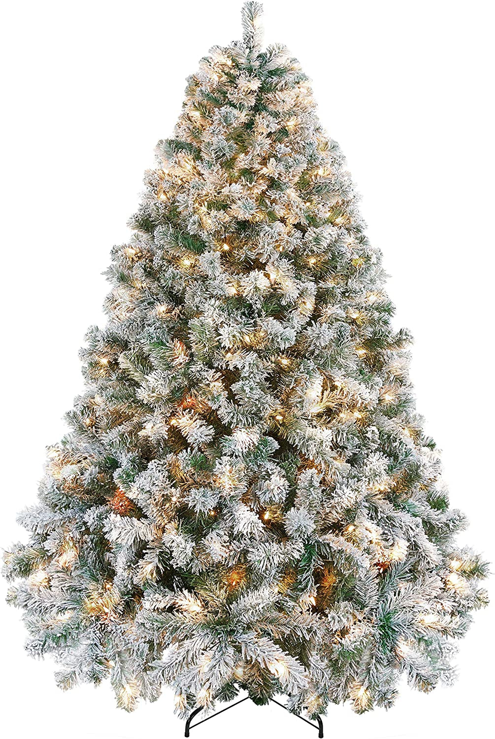 6Ft Pre-Lit Artificial Christmas Tree with Incandescent Warm White Lights, Snow Flocked Full Prelighted Xmas Tree W/820 Branch Tips, 250 Incandescent Lights & Foldable Stand, Green & White