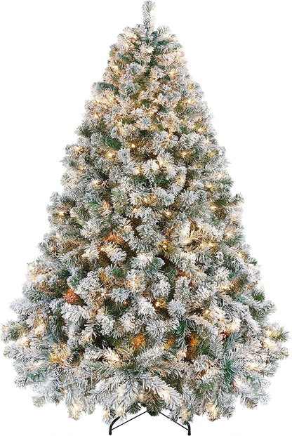 6Ft Pre-Lit Artificial Christmas Tree with Incandescent Warm White Lights, Snow Flocked Full Prelighted Xmas Tree W/820 Branch Tips, 250 Incandescent Lights & Foldable Stand, Green & White