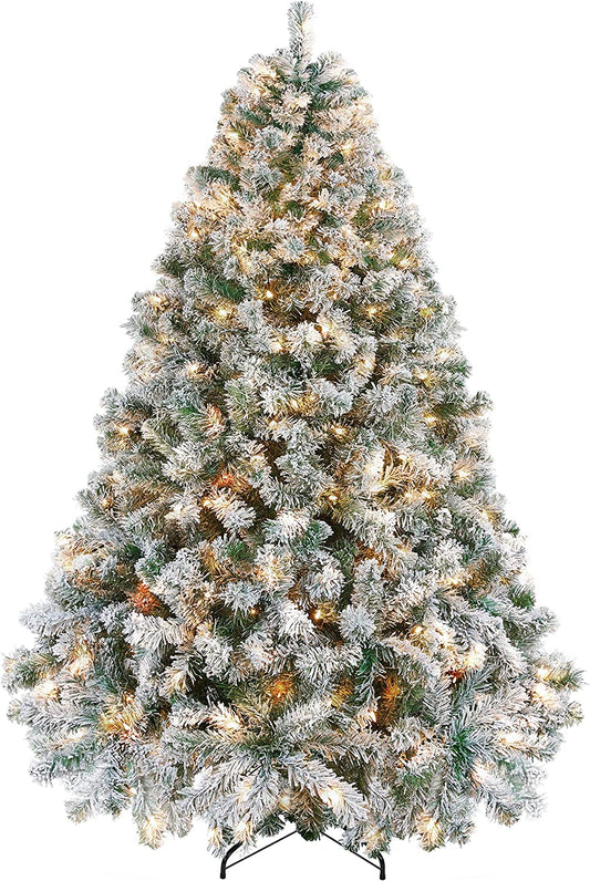 6Ft Pre-Lit Artificial Christmas Tree with Incandescent Warm White Lights, Snow Flocked Full Prelighted Xmas Tree W/820 Branch Tips, 250 Incandescent Lights & Foldable Stand, Green & White