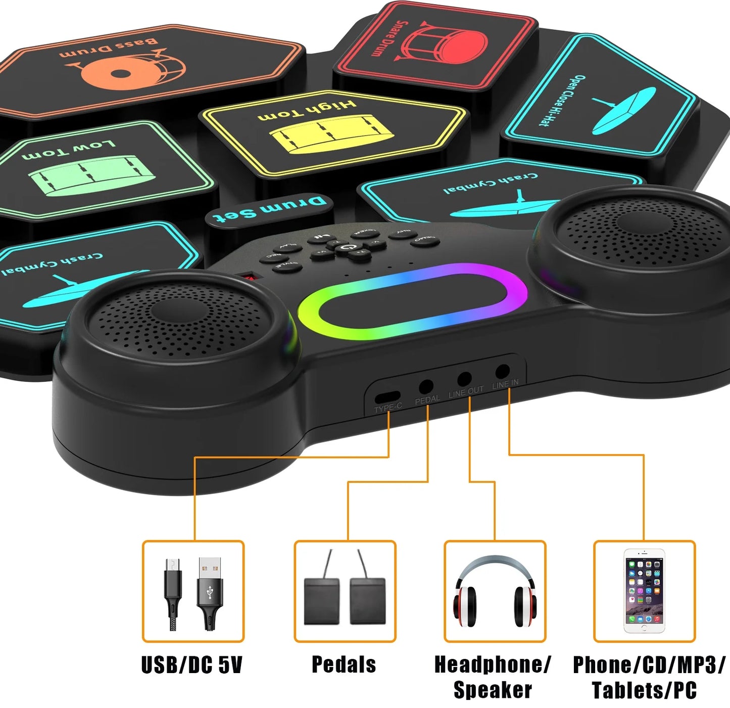 Electronic Drum Set for Kids Adults,9 Pads Portable MIDI Roll-Up Drum Kit with Dual Speakers / Headset Jack / Drumsticks / Foot Pedals,For Beginners