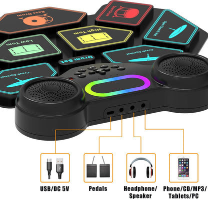 Electronic Drum Set for Kids Adults,9 Pads Portable MIDI Roll-Up Drum Kit with Dual Speakers / Headset Jack / Drumsticks / Foot Pedals,For Beginners