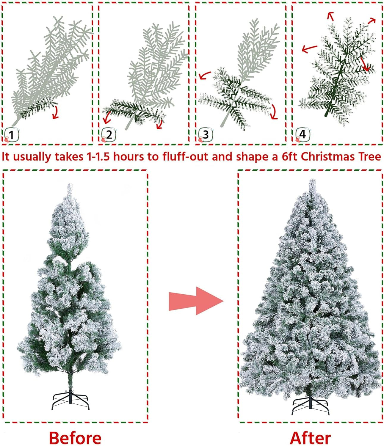 6Ft Pre-Lit Artificial Christmas Tree with Incandescent Warm White Lights, Snow Flocked Full Prelighted Xmas Tree W/820 Branch Tips, 250 Incandescent Lights & Foldable Stand, Green & White