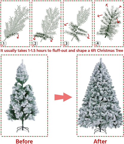 6Ft Pre-Lit Artificial Christmas Tree with Incandescent Warm White Lights, Snow Flocked Full Prelighted Xmas Tree W/820 Branch Tips, 250 Incandescent Lights & Foldable Stand, Green & White