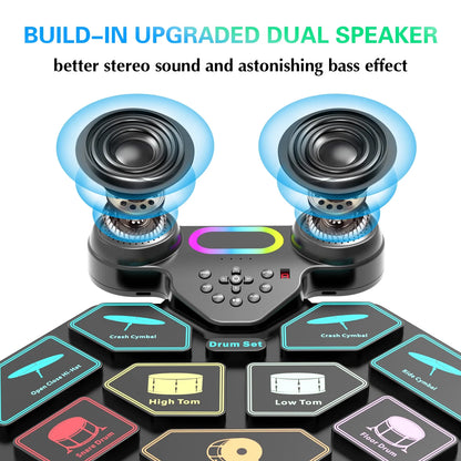 Electronic Drum Set for Kids Adults,9 Pads Portable MIDI Roll-Up Drum Kit with Dual Speakers / Headset Jack / Drumsticks / Foot Pedals,For Beginners