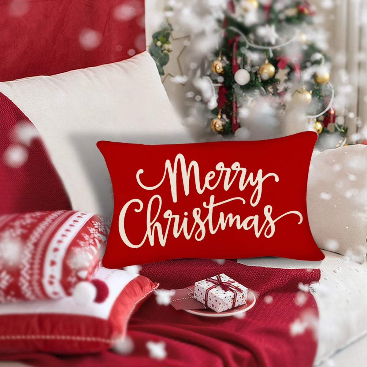 Christmas Pillow Covers Decorations Red Merry Christmas Farmhouse Throw Pillow Covers Great Gift for Christmas 12" X 20" 1 Pack
