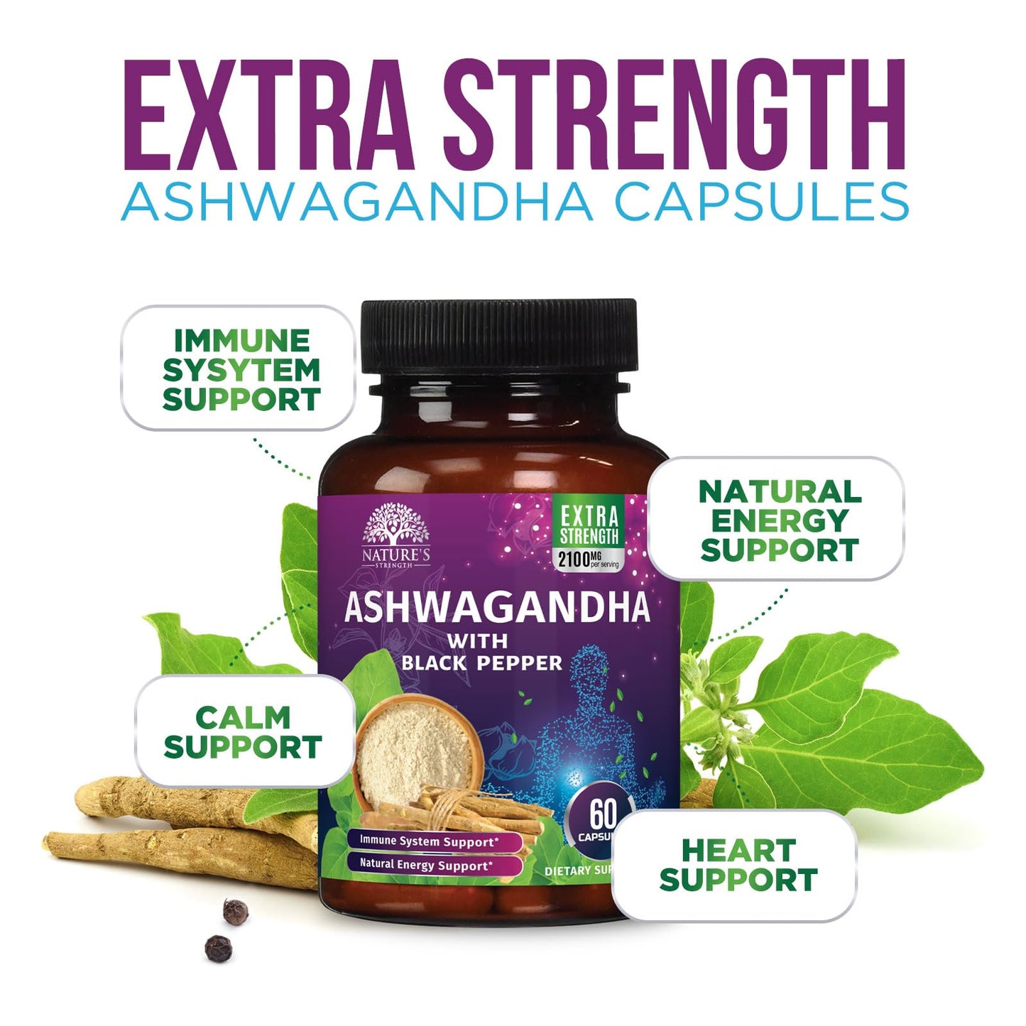 Ashwagandha 2100Mg - Extra Strength with Black Pepper for Max Absorption, Ashwagandha Powder and Root Supplements for Women & Men, Antioxidant Support, Vegan, Non-Gmo & Gluten Free - 60 Capsules