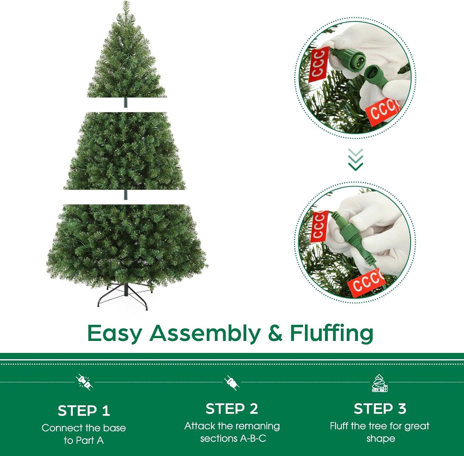 6 FT Green Spruce Pre-Lit Artificial Christmas Tree with White Lights, 6Ft Holiday Tree 956 PVC Full Branches, 300 Lights,