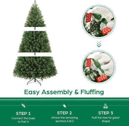 6 FT Green Spruce Pre-Lit Artificial Christmas Tree with White Lights, 6Ft Holiday Tree 956 PVC Full Branches, 300 Lights,