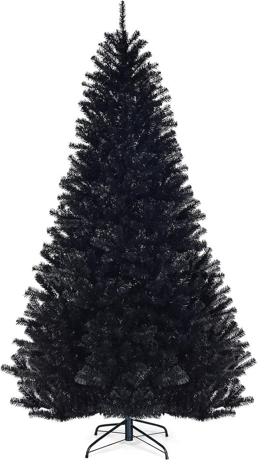 7.5Ft Unlit Black Christmas Tree, Artificial Halloween Tree with 1258 Branch Tips, Metal Stand, Xmas Full Tree for Indoor Holiday Carnival Party