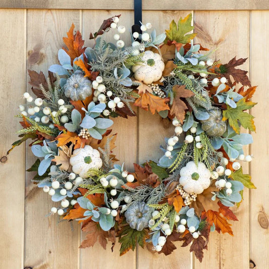 18" Fall Wreath Fall Decorations for Front Door with Pumpkins Berry Artificial Maples Leaves Wreath Autumns Harvest Fall Thanksgivings Decoration Indoor Outdoor