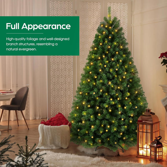 6 FT Green Spruce Pre-Lit Artificial Christmas Tree with White Lights, 6Ft Holiday Tree 956 PVC Full Branches, 300 Lights,