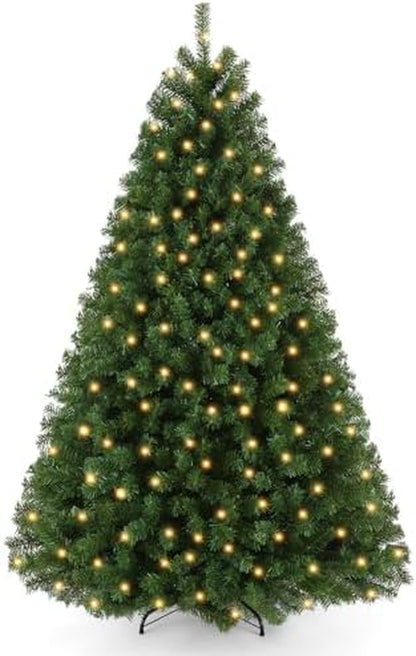 6 FT Green Spruce Pre-Lit Artificial Christmas Tree with White Lights, 6Ft Holiday Tree 956 PVC Full Branches, 300 Lights,